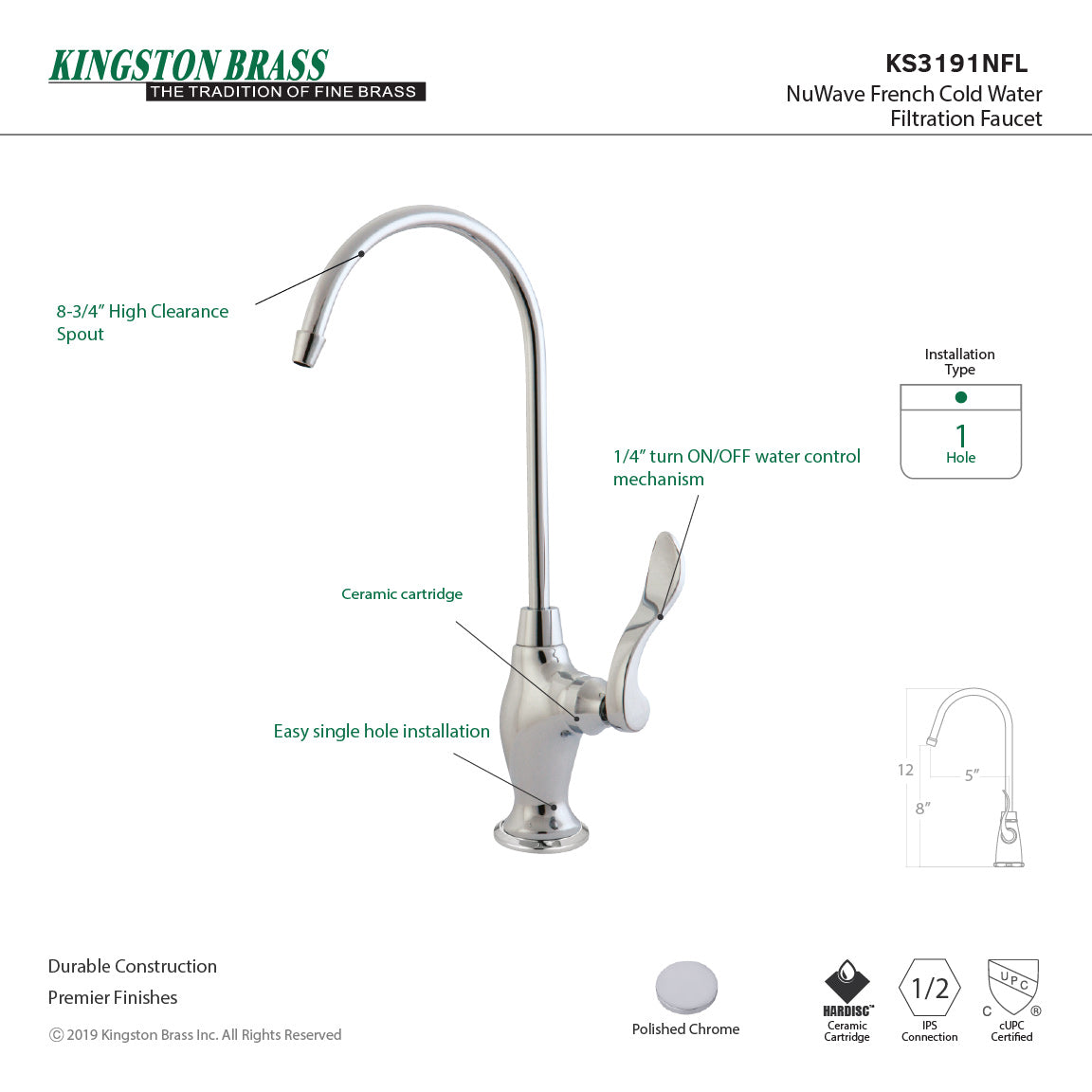 Kingston Tulare KS3191NFL - NuWave French Single-Handle 1-Hole Deck Mount Water Filtration Faucet, Polished Chrome — thumbnail 2